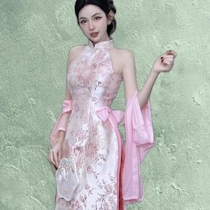 Sleeveless ao dai red| Gam with flower pattern| Ao dai yếm Women with pants| Lunar new year pink cherry flowers