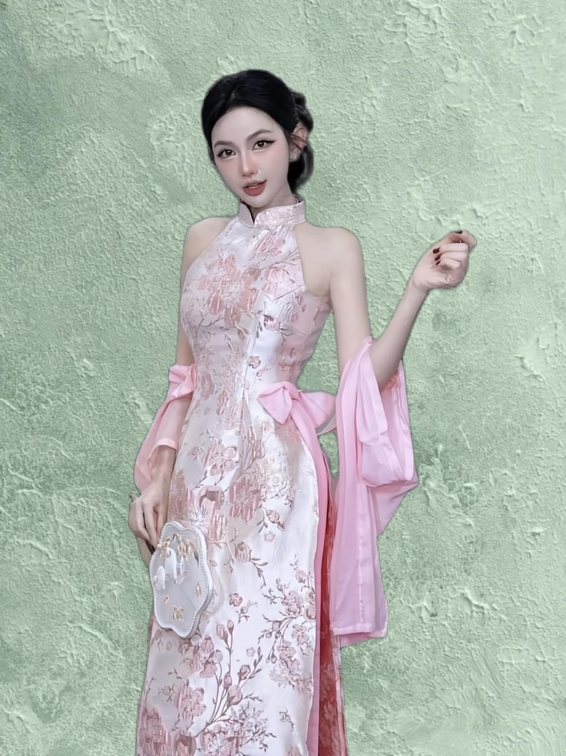 Sleeveless ao dai red| Gam with flower pattern| Ao dai yếm Women with pants| Lunar new year pink cherry flowers