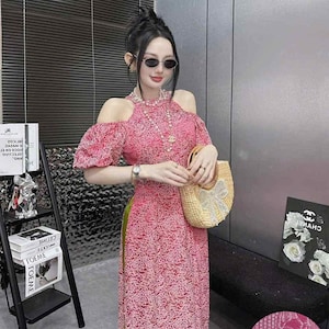 Sleeveless ao dai red| Gam with flower pattern| Ao dai yếm Women with pants| Lunar new year pink/green pants