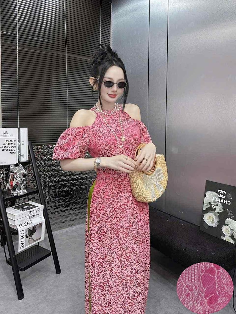 Sleeveless ao dai red| Gam with flower pattern| Ao dai yếm Women with pants| Lunar new year pink/green pants