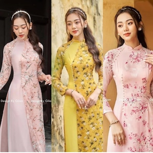 Pre-made: Vietnamese traditional dress with pearls small flowers green/light pink/yellow/red/purple --with pants--ready to ship