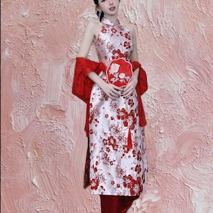 Sleeveless ao dai red| Gam with flower pattern| Ao dai yếm Women with pants| Lunar new year red cherry blossom