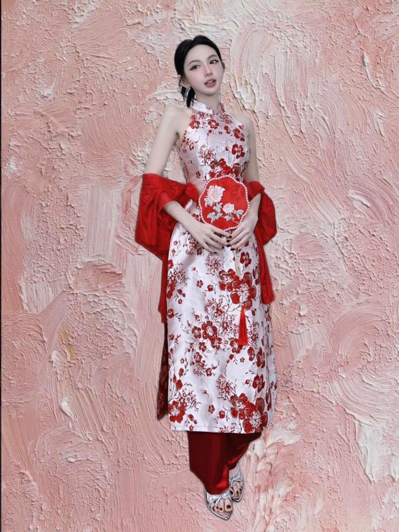 Sleeveless ao dai red| Gam with flower pattern| Ao dai yếm Women with pants| Lunar new year red cherry blossom