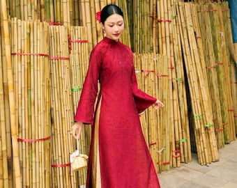 SALE:Premade Vietnamese traditional Ao Dai soft silk Gam for Women | bridesmaid | girl with long sleeves and colar -dress only