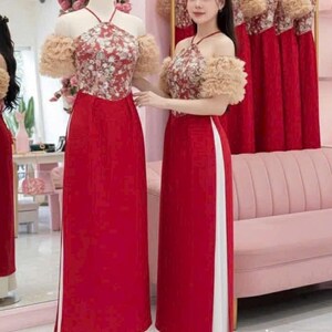 Sleeveless ao dai red| Gam with flower pattern| Ao dai yếm Women with pants| Lunar new year red embroid flowers
