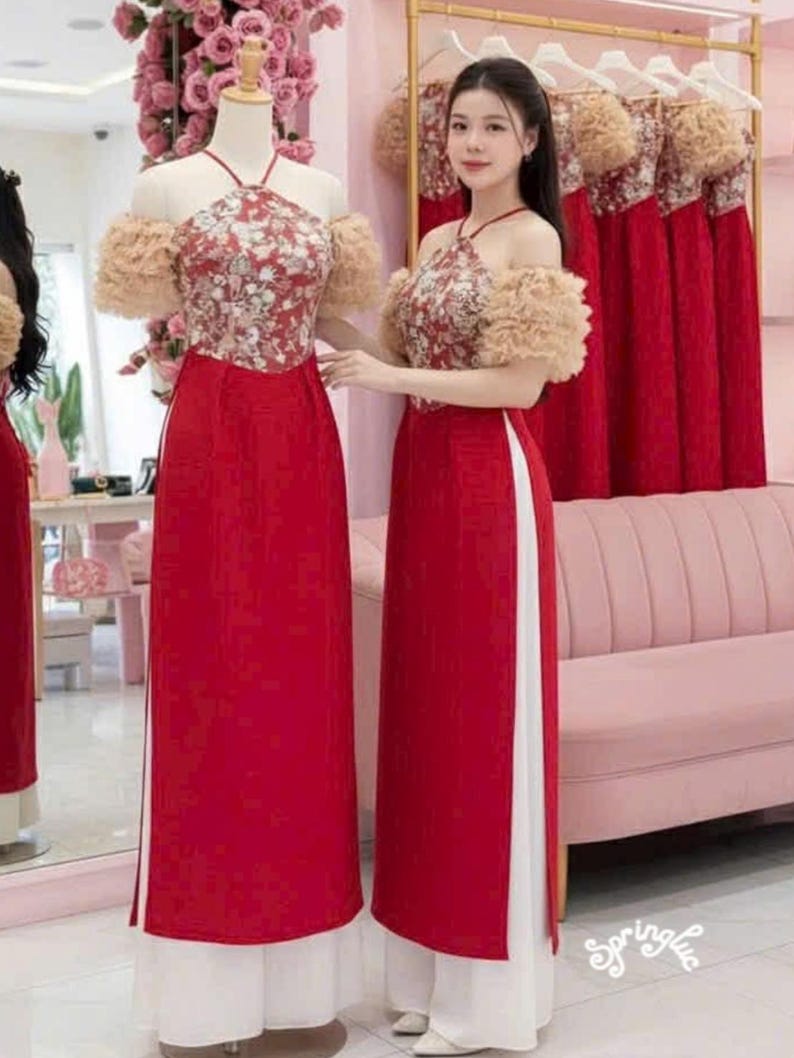 Sleeveless ao dai red| Gam with flower pattern| Ao dai yếm Women with pants| Lunar new year red embroid flowers
