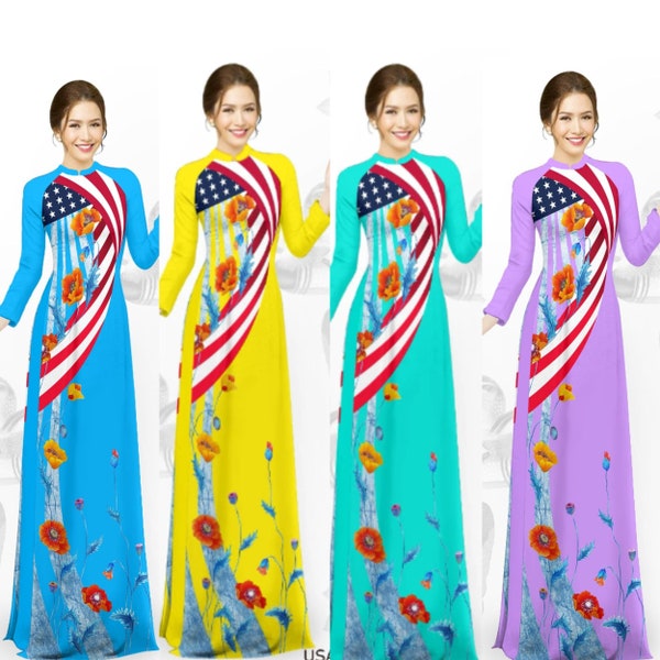 Vietnamese Traditional Ao Dai for Women Dress only  -- Ao Dai Viet Nam 3D print US flag-ready to ship