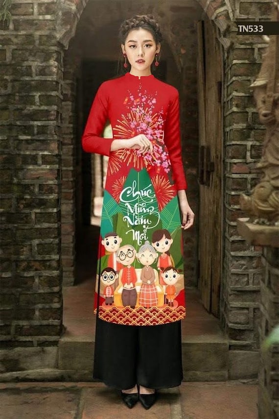 Ao Dai Traditional Vietnamese Long Dress Collections with Pants Silk 3D ADVN1390 Ao Dai Traditional Vietnamese Long Dress Collections with Pants Silk 3D ADVN1390