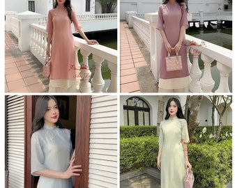 lilac purple/light pink/blue/green Vietnamese aodai 4layers relax form with 4D butterly-Dress only--ready to ship