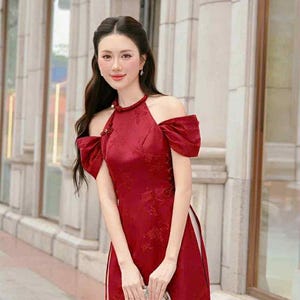 Sleeveless ao dai red| Gam with flower pattern| Ao dai yếm Women with pants| Lunar new year red gam set