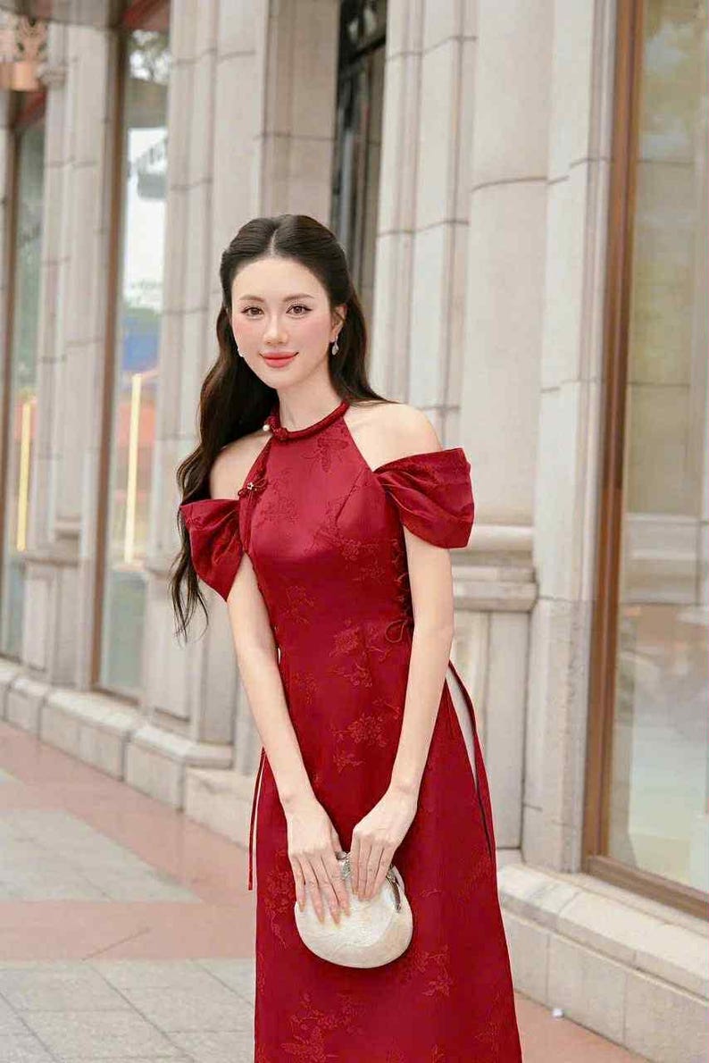 Sleeveless ao dai red| Gam with flower pattern| Ao dai yếm Women with pants| Lunar new year red gam set