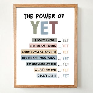 May include: A motivational poster with the text "THE POWER OF YET" in black lettering. The word "YET" is in large, colourful letters. Below the title, a list of phrases in black lettering with the word "YET" at the end of each phrase. The phrases are: "I don't know", "This doesn't work", "I don't understand this", "This doesn't make sense", "I'm not good at this", "I can't do this", and "I don't get it".