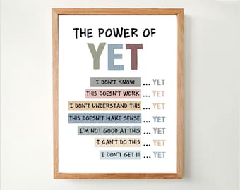 May include: A motivational poster with the text "THE POWER OF YET" in black lettering. The word "YET" is in large, colorful letters. Below the title, a list of phrases in black lettering with the word "YET" at the end of each phrase. The phrases are: "I don't know", "This doesn't work", "I don't understand this", "This doesn't make sense", "I'm not good at this", "I can't do this", and "I don't get it".