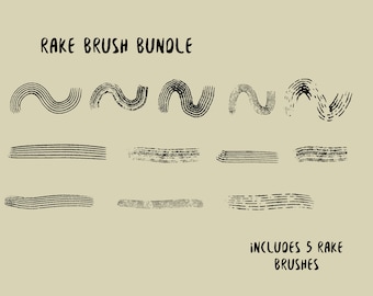 May include: A set of five black rake brush strokes, including curved and straight lines. The text "RAKE BRUSH BUNDLE" and "INCLUDES 5 RAKE BRUSHES" is also included in the image.