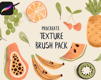 May include: A digital illustration of a Procreate Texture Brush Pack featuring various fruits with a textured look. The fruits include a papaya, a pineapple, a watermelon, a kiwi, a banana, a grape, a cherry, and an orange.