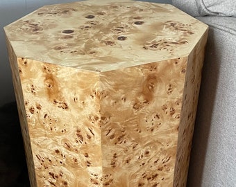 Genuine Burl Wood Octagon Pedestal Mid Century Geo Cube End Table MCM Retro Cube Side Table 1960s 1970s Modern Furniture Made in USA