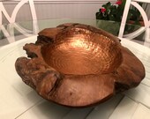Teak Wood Hand Carved Decorative Teak Root Bowl with Hammered Copper Center
