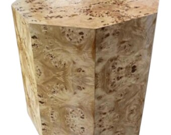 Elm Burl Wood Octagon End Table: Mid Century Modern Geo Pedestal