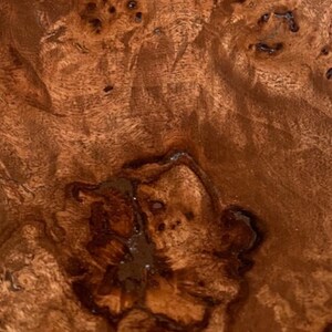 May include: A close-up view of a polished wooden surface featuring a natural burl grain pattern. The wood displays a rich, warm brown color with intricate, swirling dark brown knots and organic textures throughout the entire visible area.