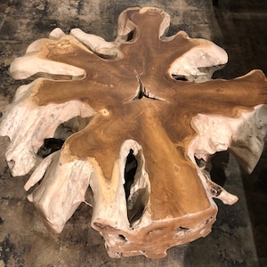 May include: A large, natural wood coffee table with a unique, organic shape. The table is made from a single piece of wood with a natural, rustic finish. The wood has a rich brown color with lighter streaks and knots.