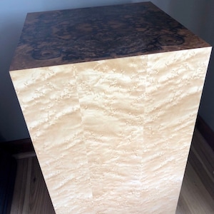 Mid Century Walnut Burl Retro Cube End Table 1960s 1970s Custom Cube Pedestal Maple Burl Side Table Modern Furniture Made in USA