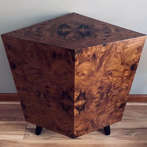 Burl Wood Triangle End Table: Mid-Century Modern Corner Table Pedestal