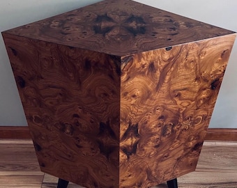 Burl Wood Triangle End Table: Mid-Century Modern Corner Table Pedestal