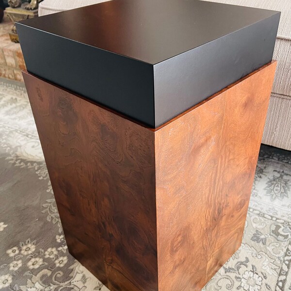Mid Century Retro Style Burl Walnut Cube End Table MCM Cube Side Table Walnut Burl Wood Pedestal 1960s 1970s Furniture Made in USA
