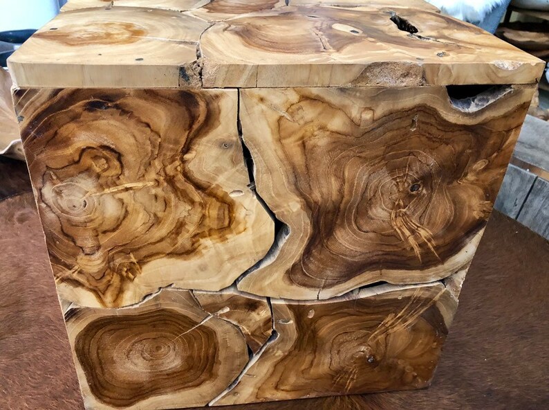 Exotic Sliced Teak Wood Cube Side Table Accent Koa End Crate