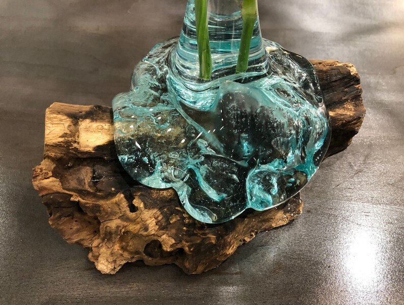 Melted Glass Vase on Teak Driftwood Glass on Teak Wood Flower Etsy