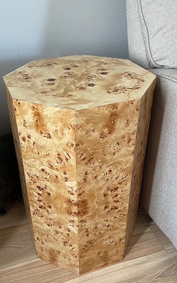 Genuine Burl Wood Octagon Pedestal Mid Century Geo Cube End Table