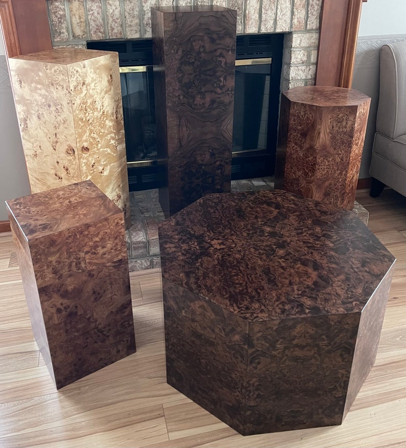 Genuine Burl Wood Pedestal Mid Century Retro Style Cube End Table MCM Cube Side Table 1960s 1970s Modern Furniture Made in USA image 1