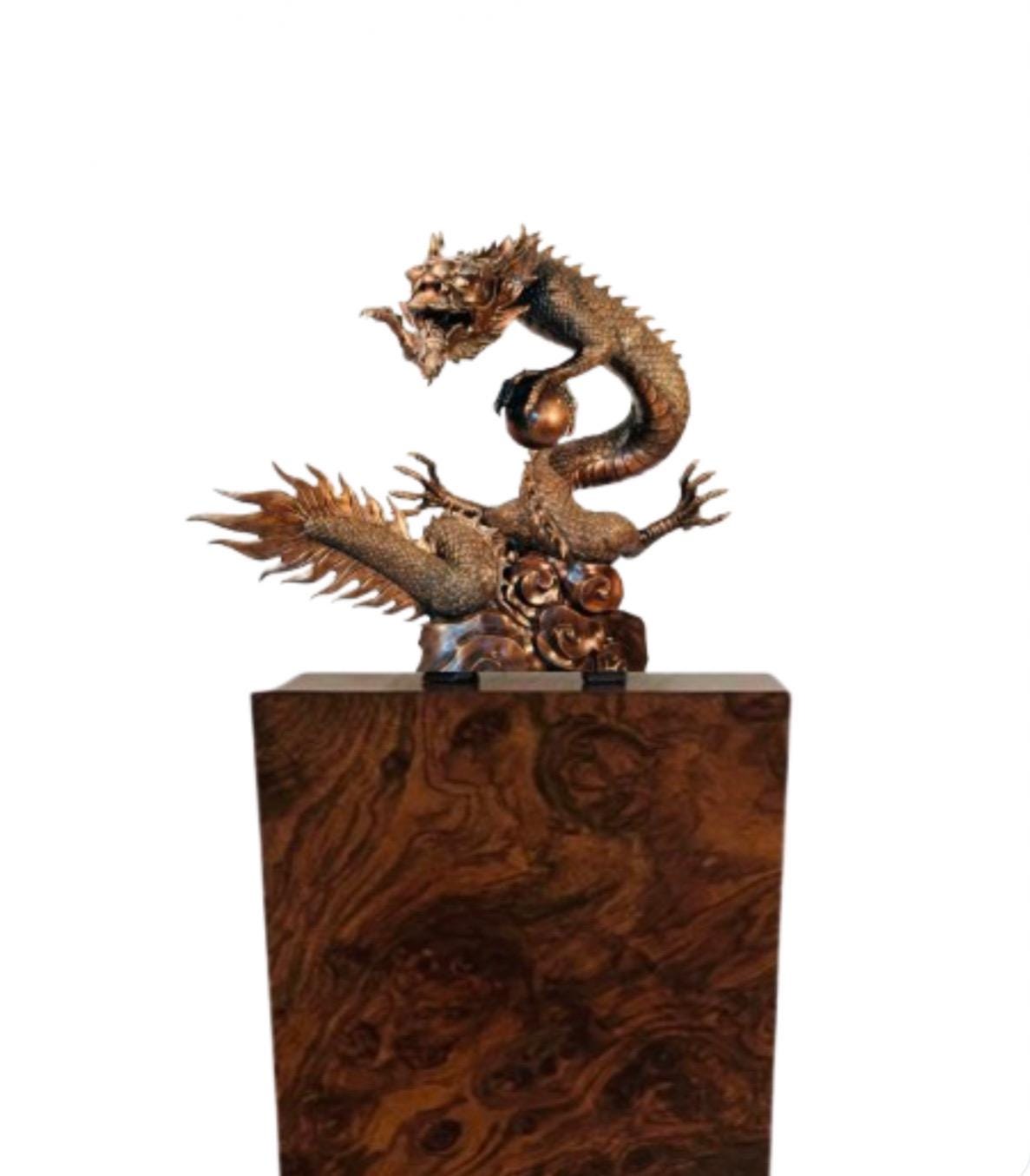 Genuine Bronze Dragon Statue Serpent Sculpture Burl Pedestal Chinese New Year Eastern Art