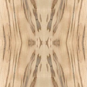 K&ouml;nnte beinhalten: Nahaufnahme eines Holzmaserungsmusters mit hellbraunem Hintergrund und dunkleren braunen Streifen. Das Muster ist symmetrisch und hat ein nat&uuml;rliches, organisches Aussehen.