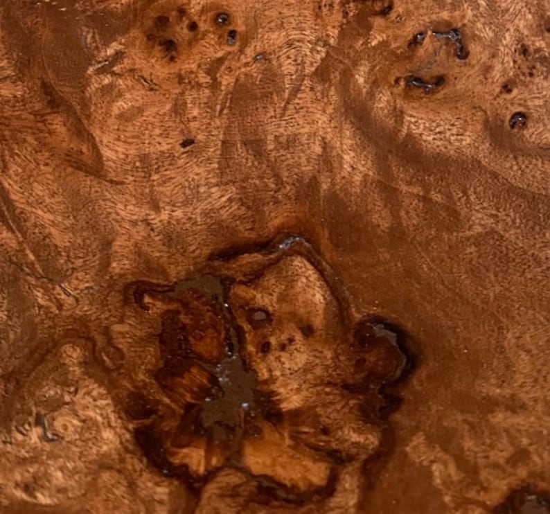 May include: Close-up of a wood grain surface with a rich brown color and a darker brown swirl pattern.