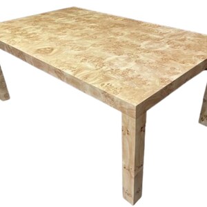 Custom Burl Wood Parsons Dining Table: Mid Century Bar Table, Made in USA