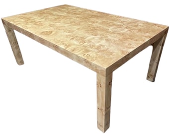 Custom Burl Wood Parsons Dining Table: Mid Century Bar Table, Made in USA