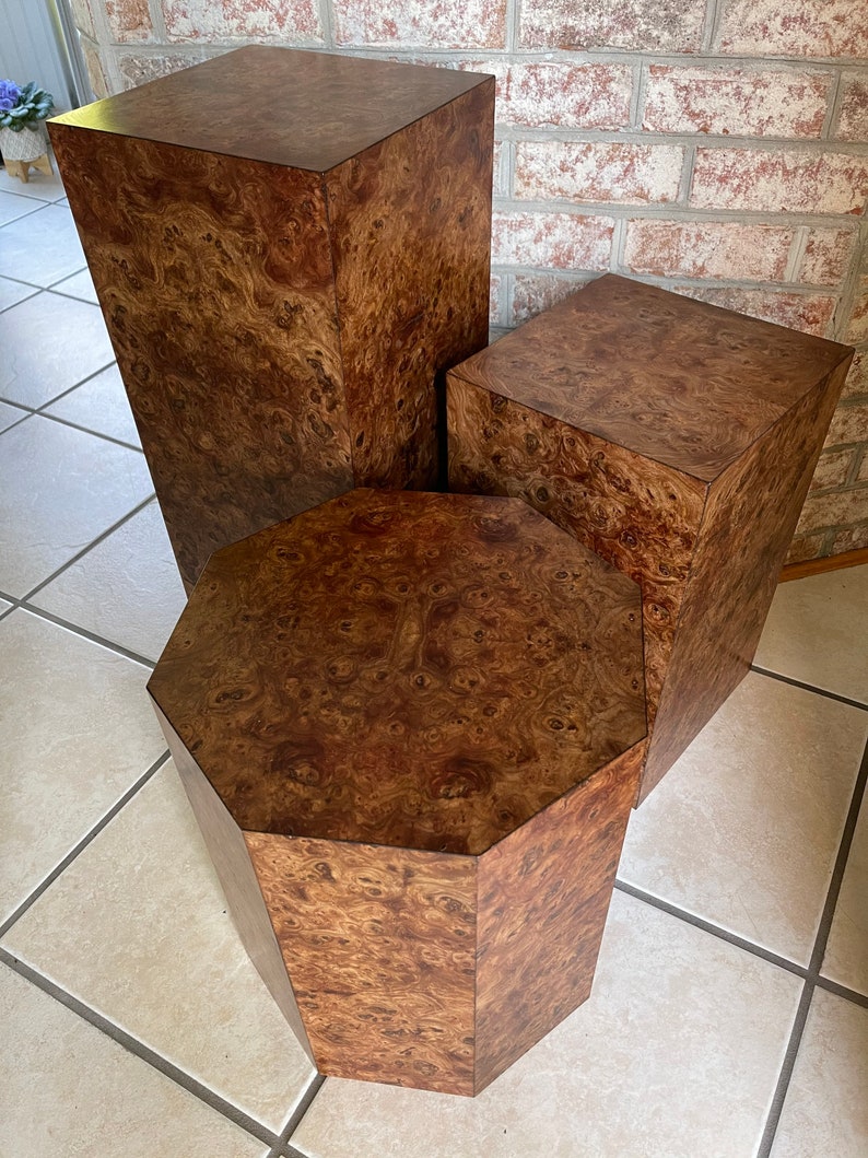 Genuine Burl Wood Octagon Pedestal Mid Century Geo Cube End Table MCM Retro Cube Side Table 1960s 1970s Modern Furniture Made in USA image 5