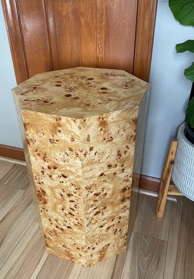 Genuine Burl Wood Octagon Pedestal Mid Century Geo Cube End Table MCM Retro Cube Side Table 1960s 1970s Modern Furniture Made in USA image 3