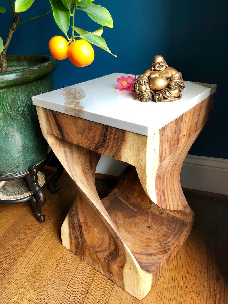 Exotic Twisted Side Table Acacia Teak Wood End Twist Stool Base With Cambria Quartz Stone Top And One Of A Kind Design