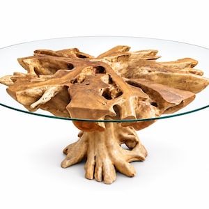 Teak Root Glass Dining Table: Live Edge Organic Tree Trunk