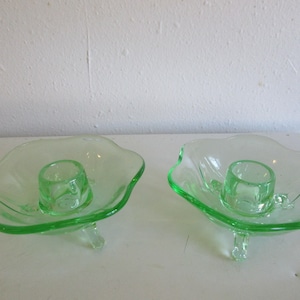 Vintage 1930s Uranium Glass Fostoria Footed Candleholders - Fairfax Pattern