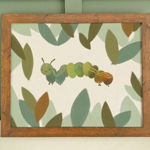 Caterpillar Print - illustrated bug and leaves cute kids room print bug theme kids decor nursery