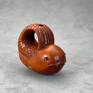 Hand carved Boxwood fish ojime, wood fish ojime, wood fish bead, signed by artist, abundant, harmony charm