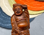 Hand carved Boxwood Happy Buddha, Hotei, happy buddha netsuke, japanese folk art, lucky god, hand carved and polished boxwood happy buddha