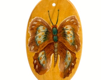 Boxwood pendant: Hand painted blue butterfly on a light brown boxwood oval pendant, boxwood pendant, focal charm of a blue butterfly