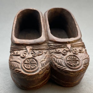Estate sale: Hand carved lychee wood shoes with longevity symbol, bats, foliage represents happiness, harmony and good fortune, vintage