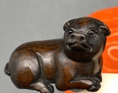 Hand carved teakwood netsuke of pig, year of pig, pig charm, ironwood pig netsuke, signed pig charm, signed by artist
