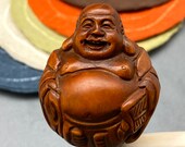 Hand carved Boxwood Happy Buddha, Hotei, happy buddha netsuke, japanese folk art, lucky god, hand carved and polished boxwood happy buddha