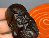 Hand carved teakwood Japanese opera mask, a money god represents fortune, netsuke, ironwood mask charm, signed by artist